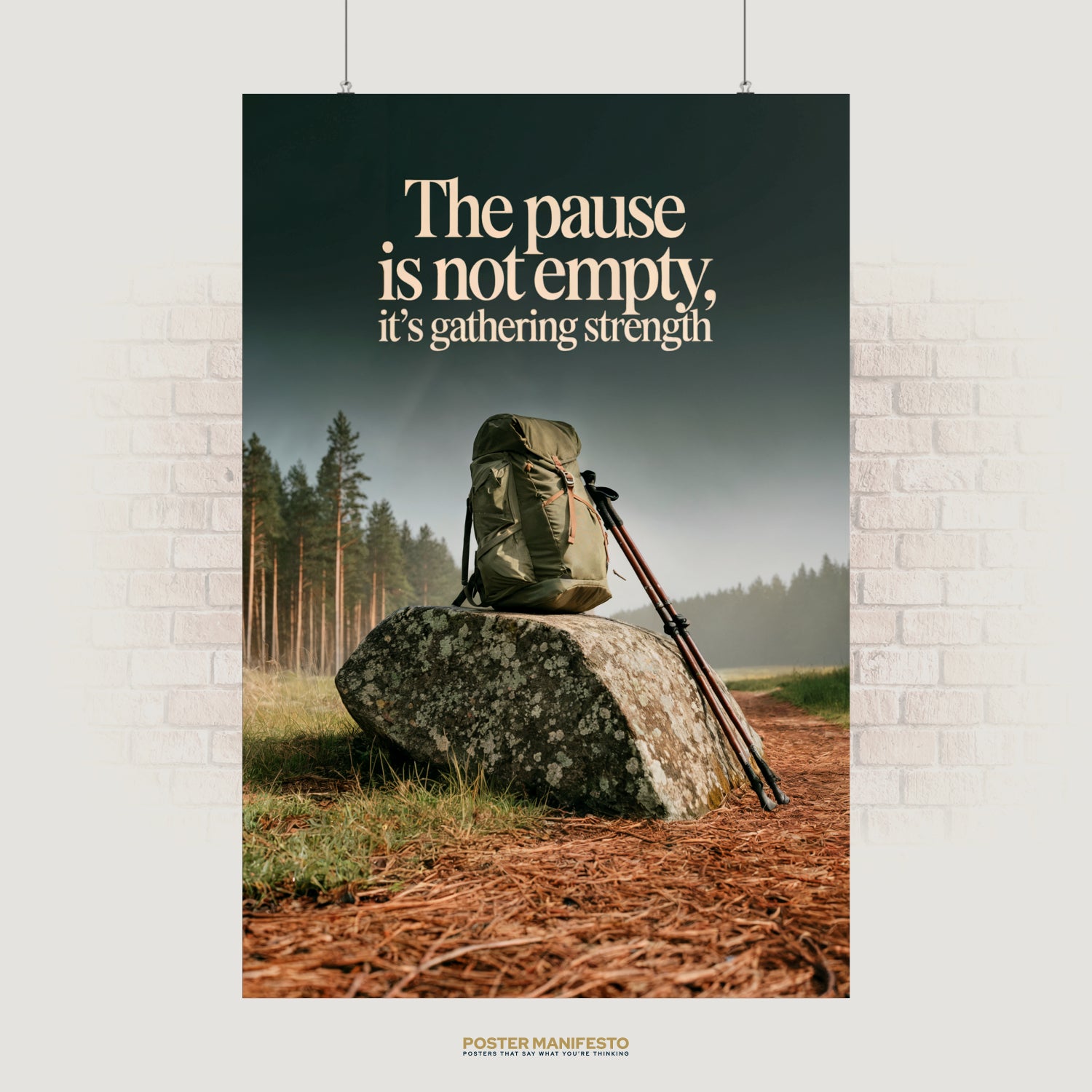 Inspirational poster with the quote “The Pause Is Not Empty, It’s Gathering Strength” above a backpack on a rock in the forest.