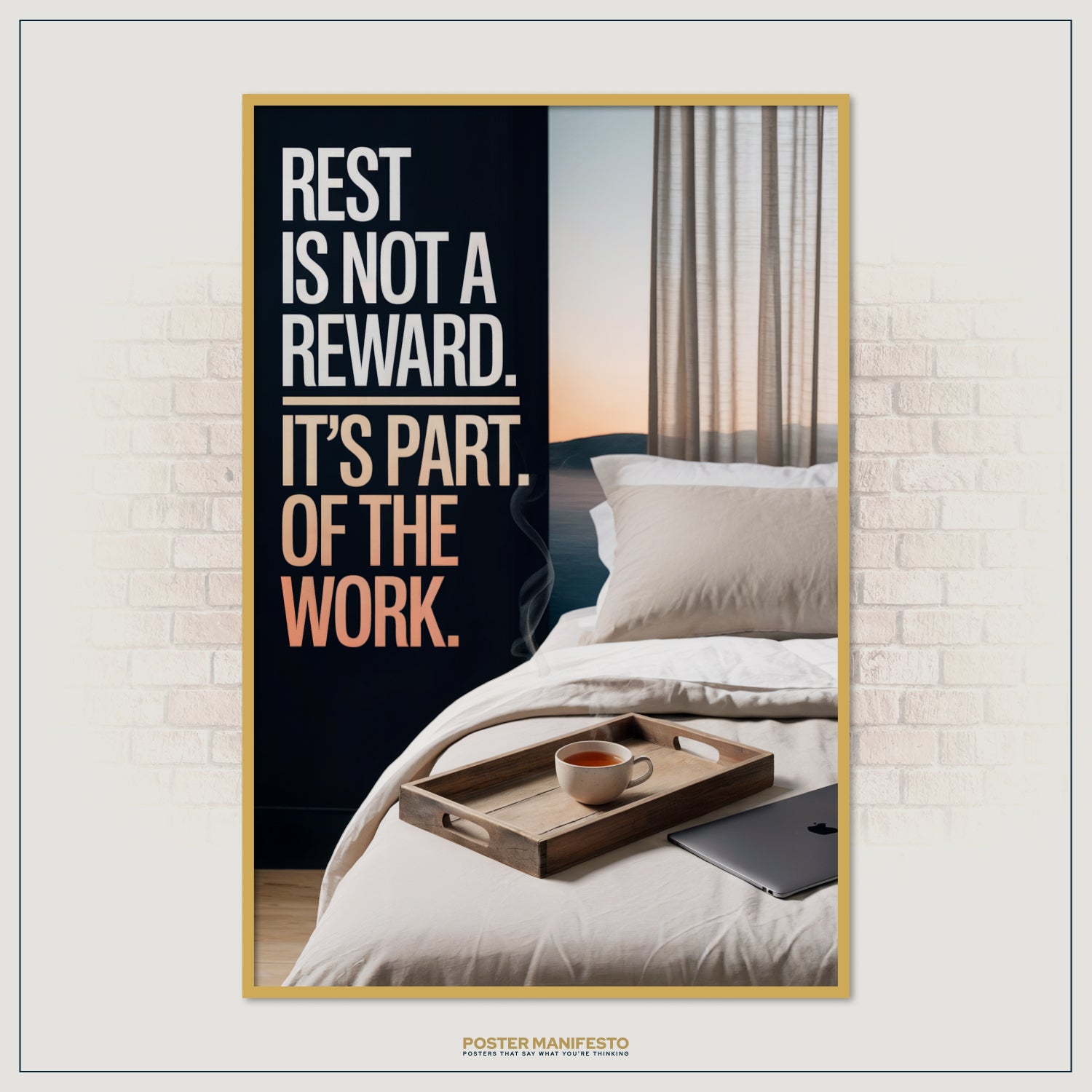 Calming motivational poster promoting work-life balance with modern bedroom décor.