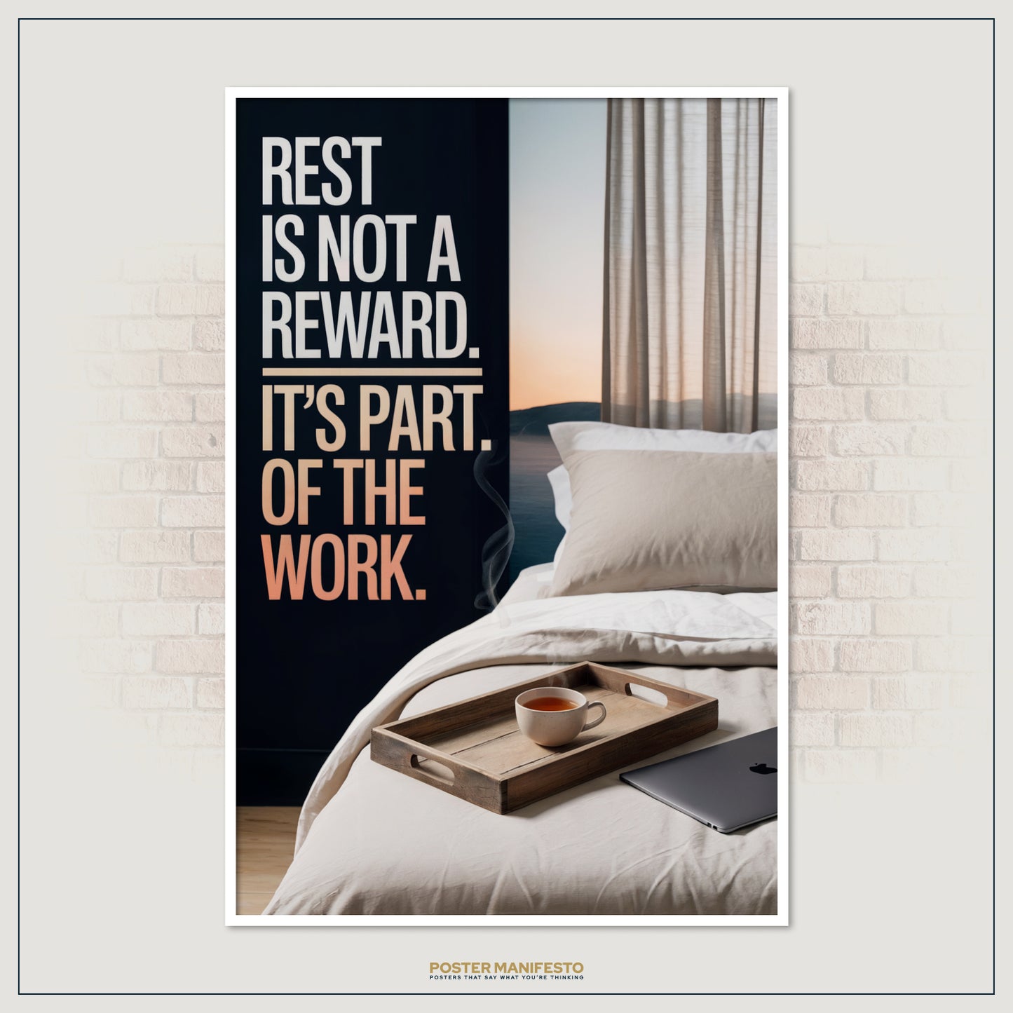 Productivity and wellness inspired artwork with a quote about rest as part of the work.
