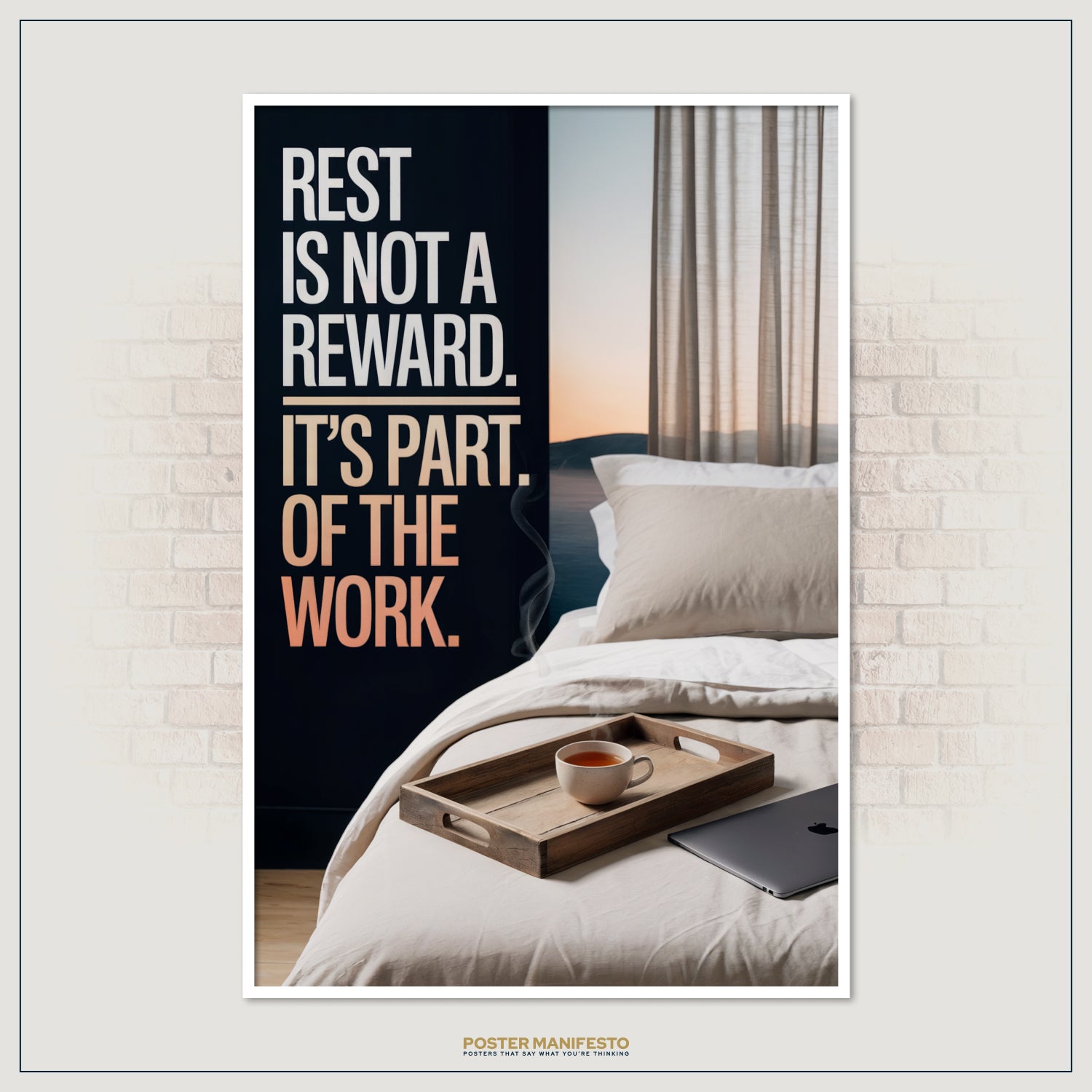 Productivity and wellness inspired artwork with a quote about rest as part of the work.