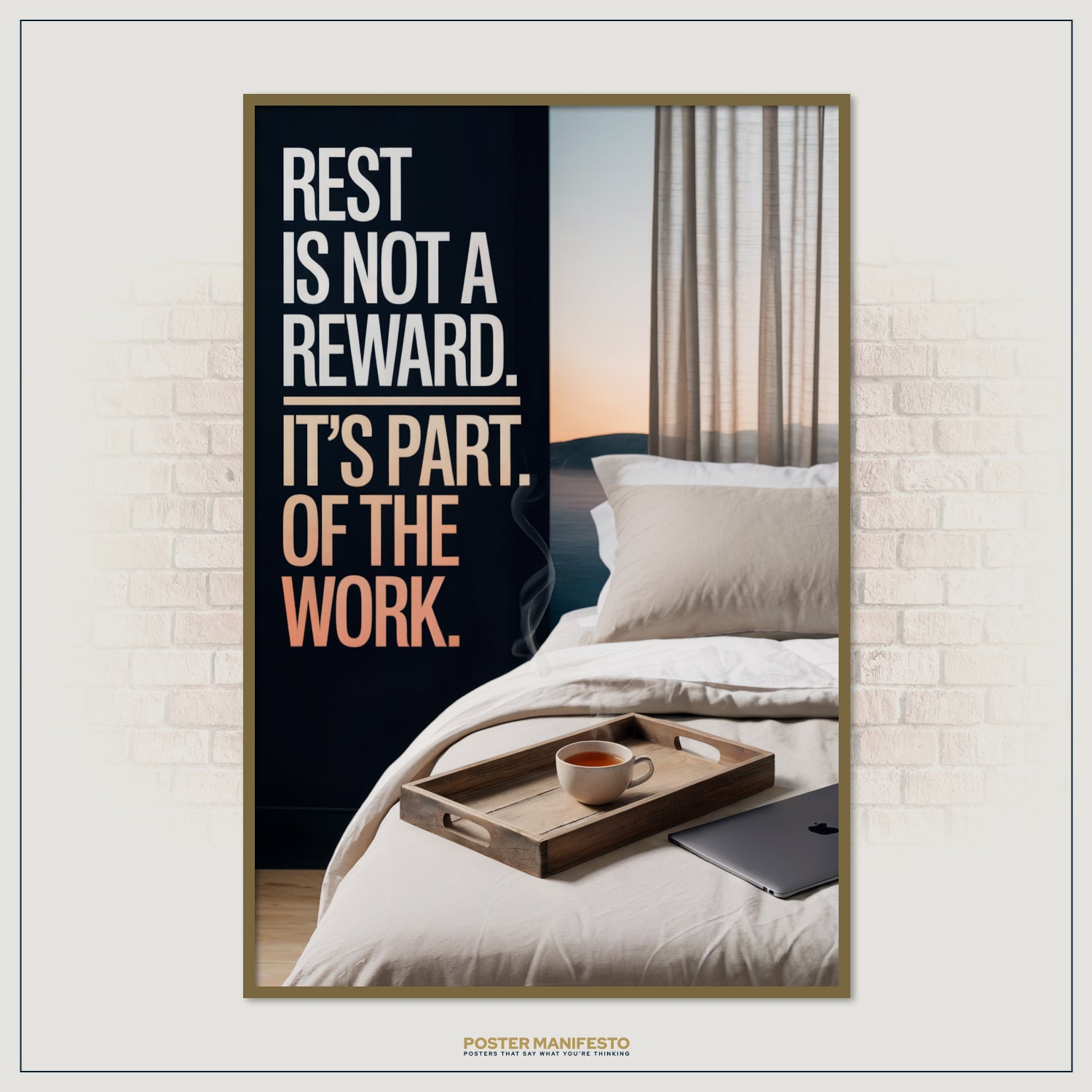 Mindful living motivational poster with cozy interior and inspirational typography.