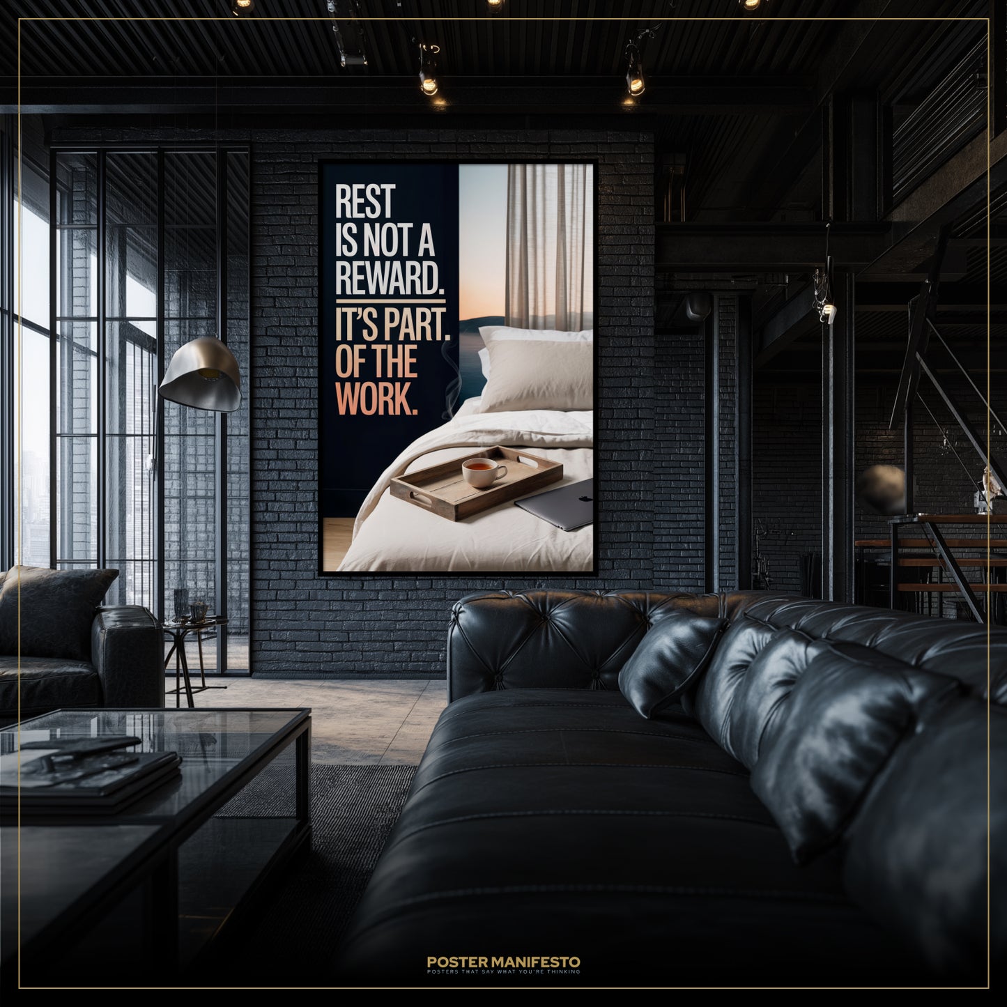 Modern living room with a framed quote poster on a brick wall.