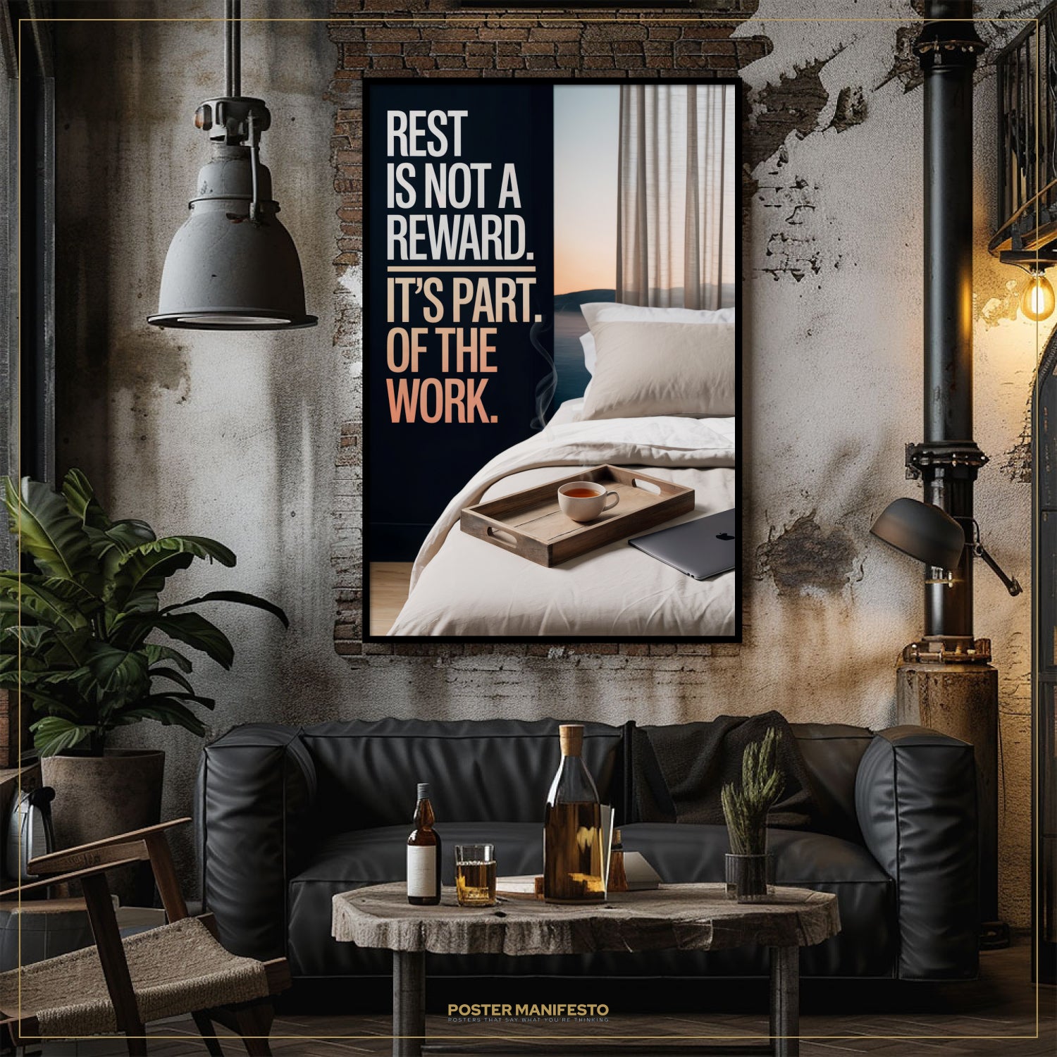 Living room with a black leather sofa, wooden coffee table, and framed poster on the wall.