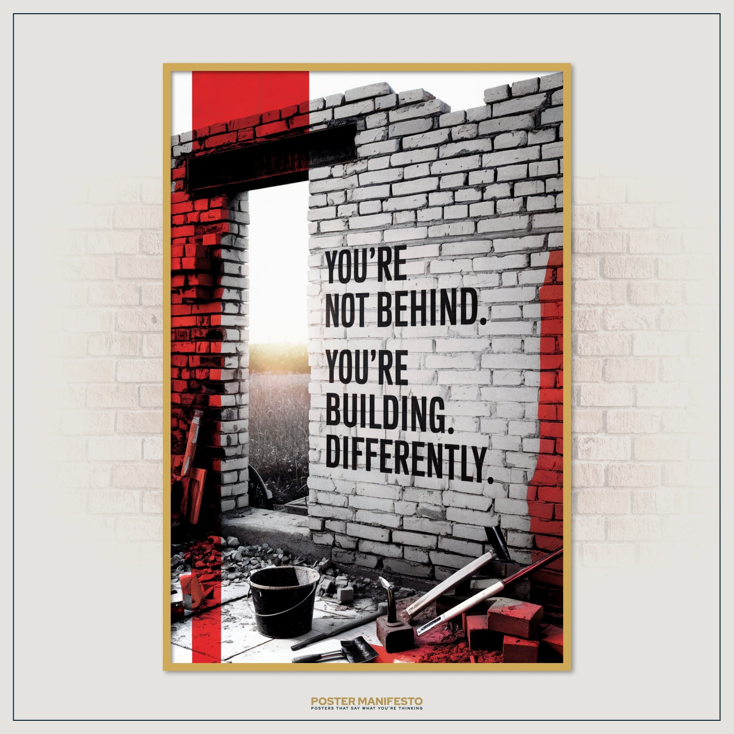 Bold motivational poster symbolizing progress, patience, and resilience in construction style.
