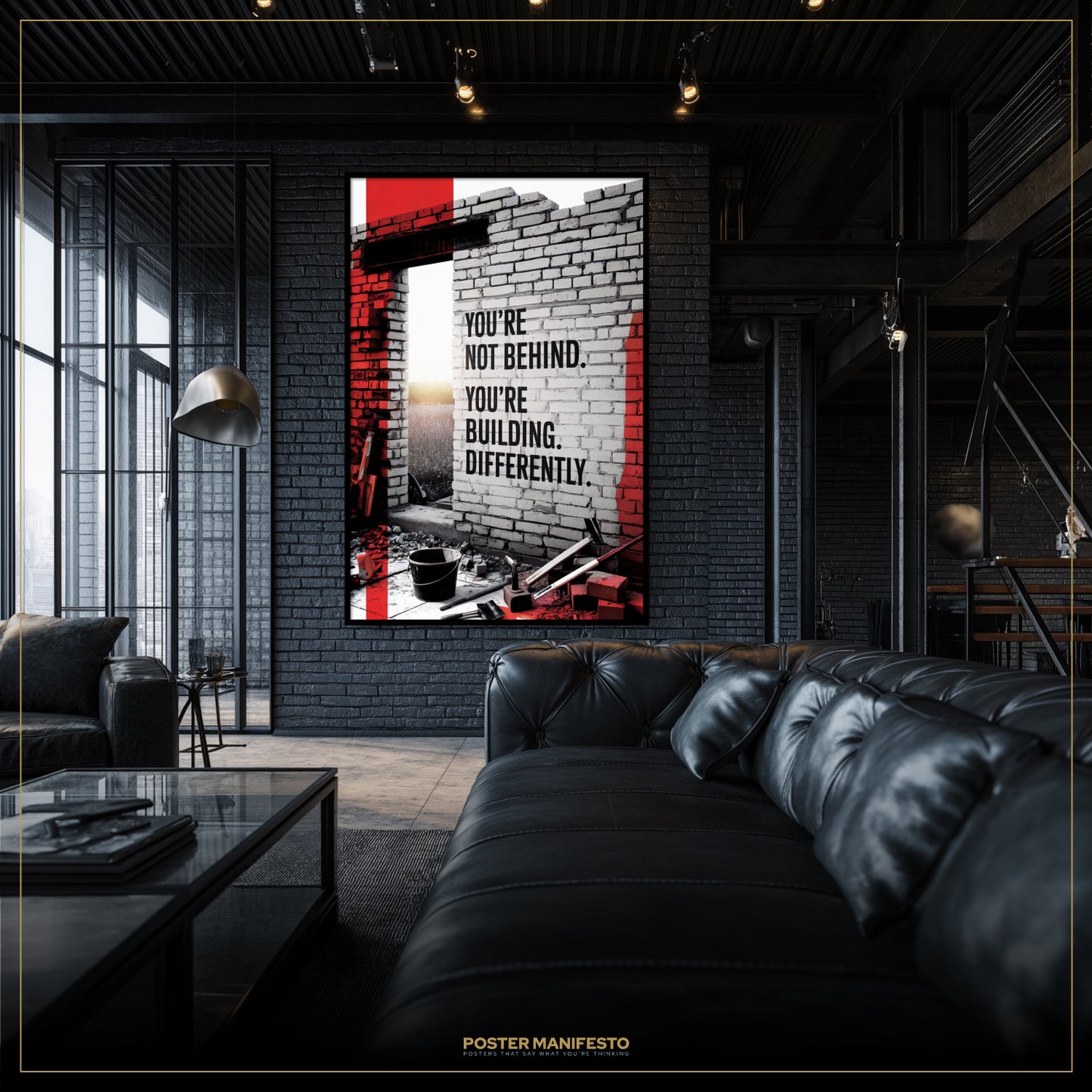 Modern living room with a motivational poster on the wall