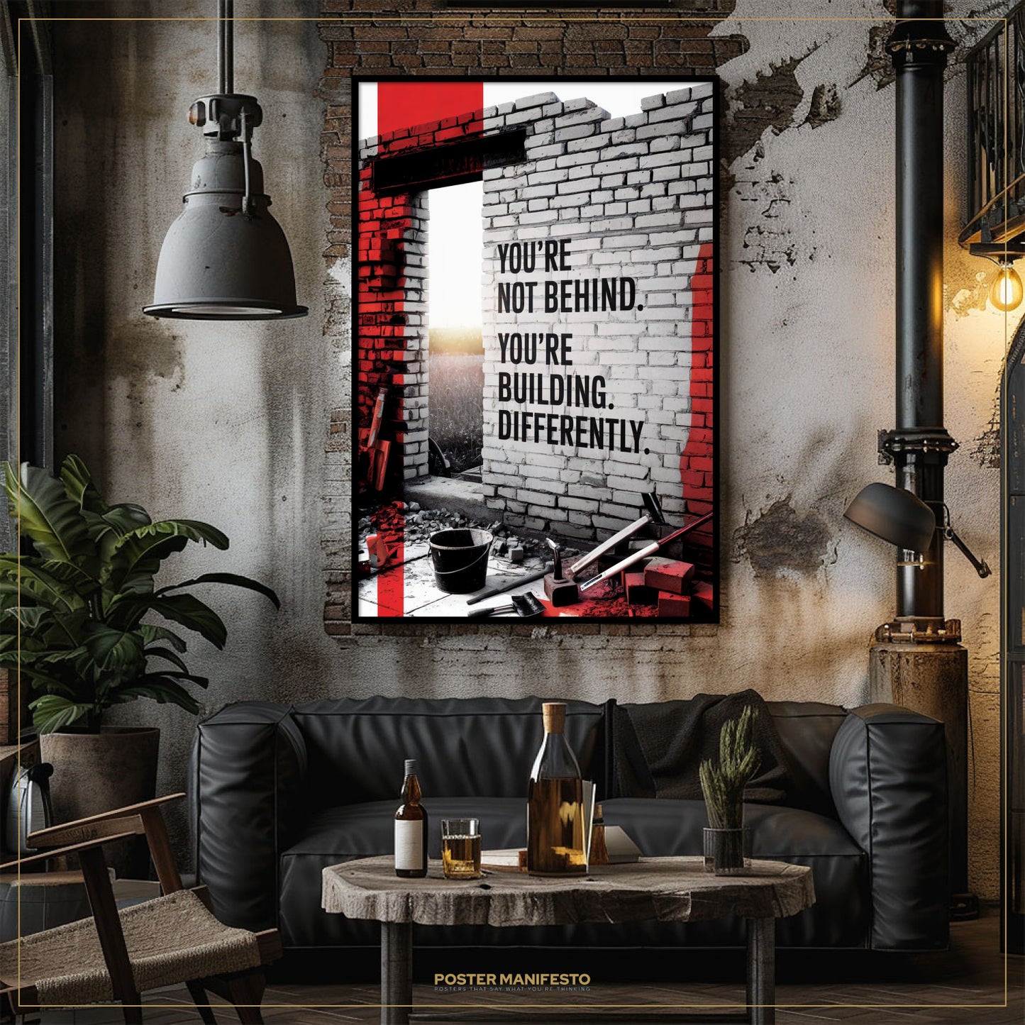 Living room with a black leather sofa, wooden coffee table, and a motivational poster on the wall.
