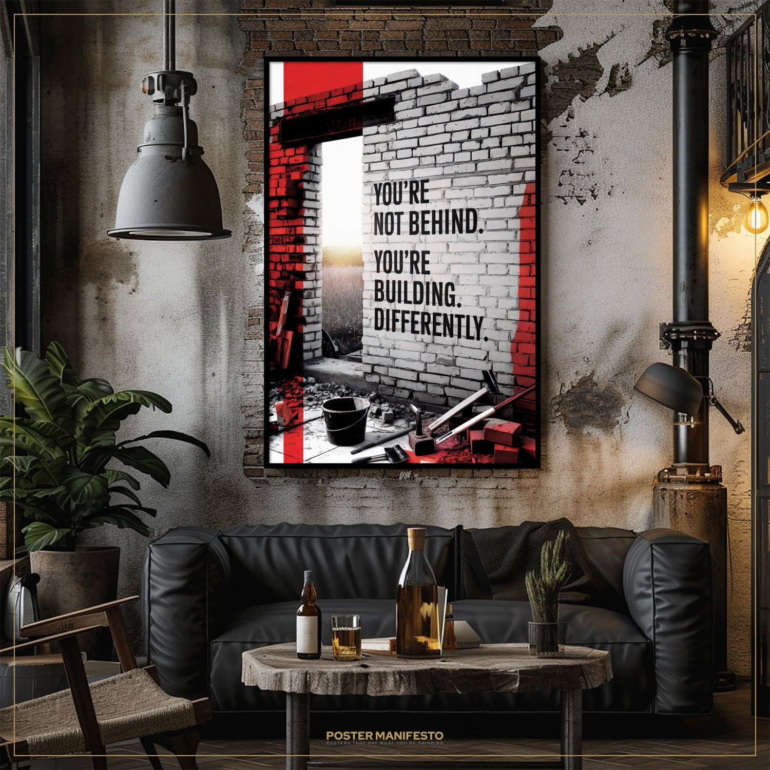 Living room with a black leather sofa, wooden coffee table, and a motivational poster on the wall.