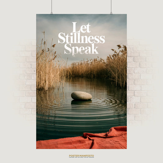 Motivational poster with the quote “Let Stillness Speak” above a calm lake with reeds.
