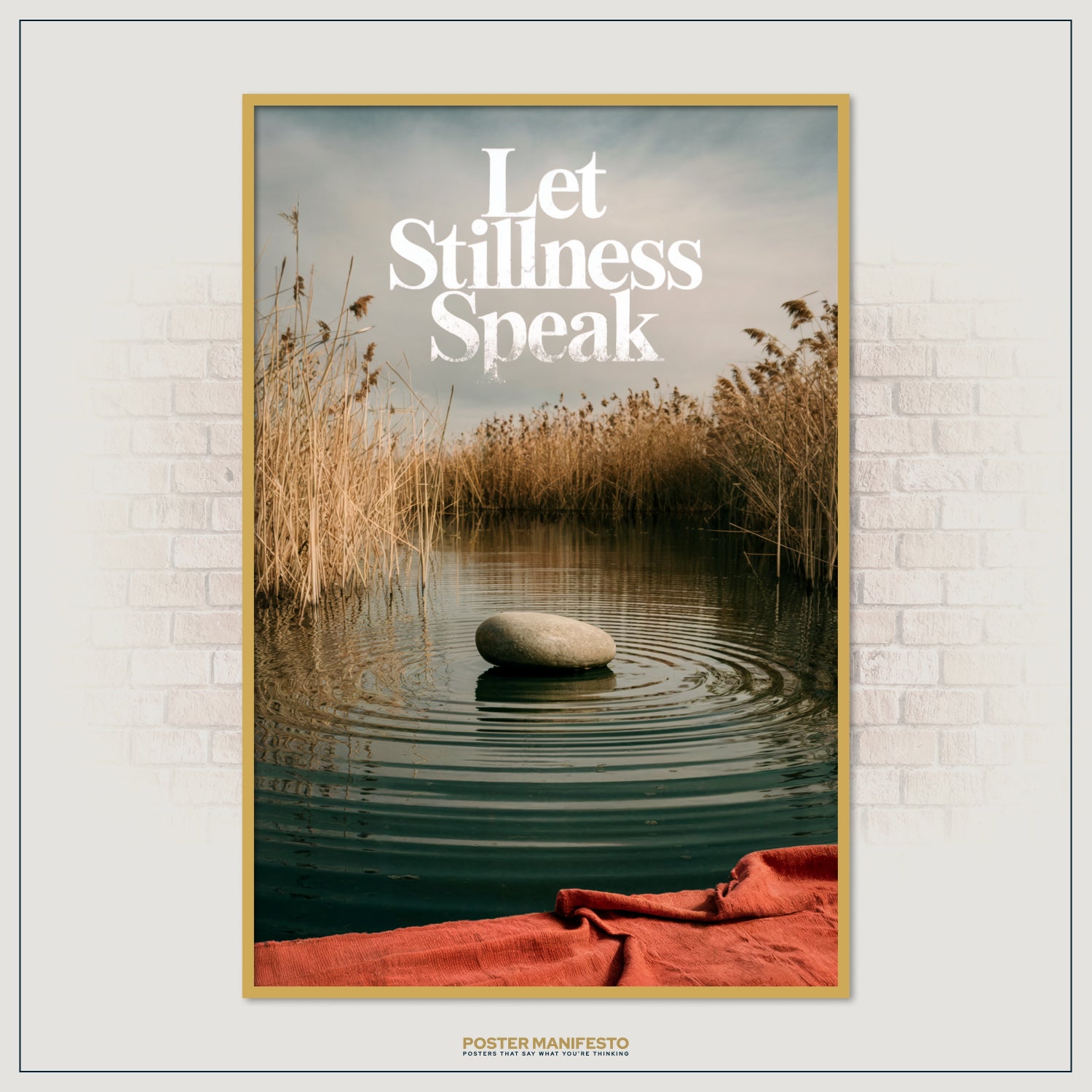 Mindfulness poster with a serene nature scene and calming motivational quote.