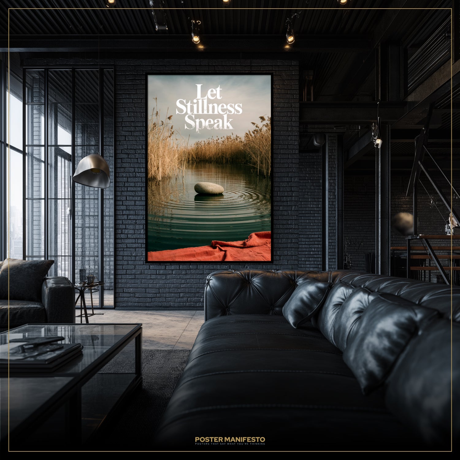 Modern living room with a black leather sofa and a framed poster on the wall.