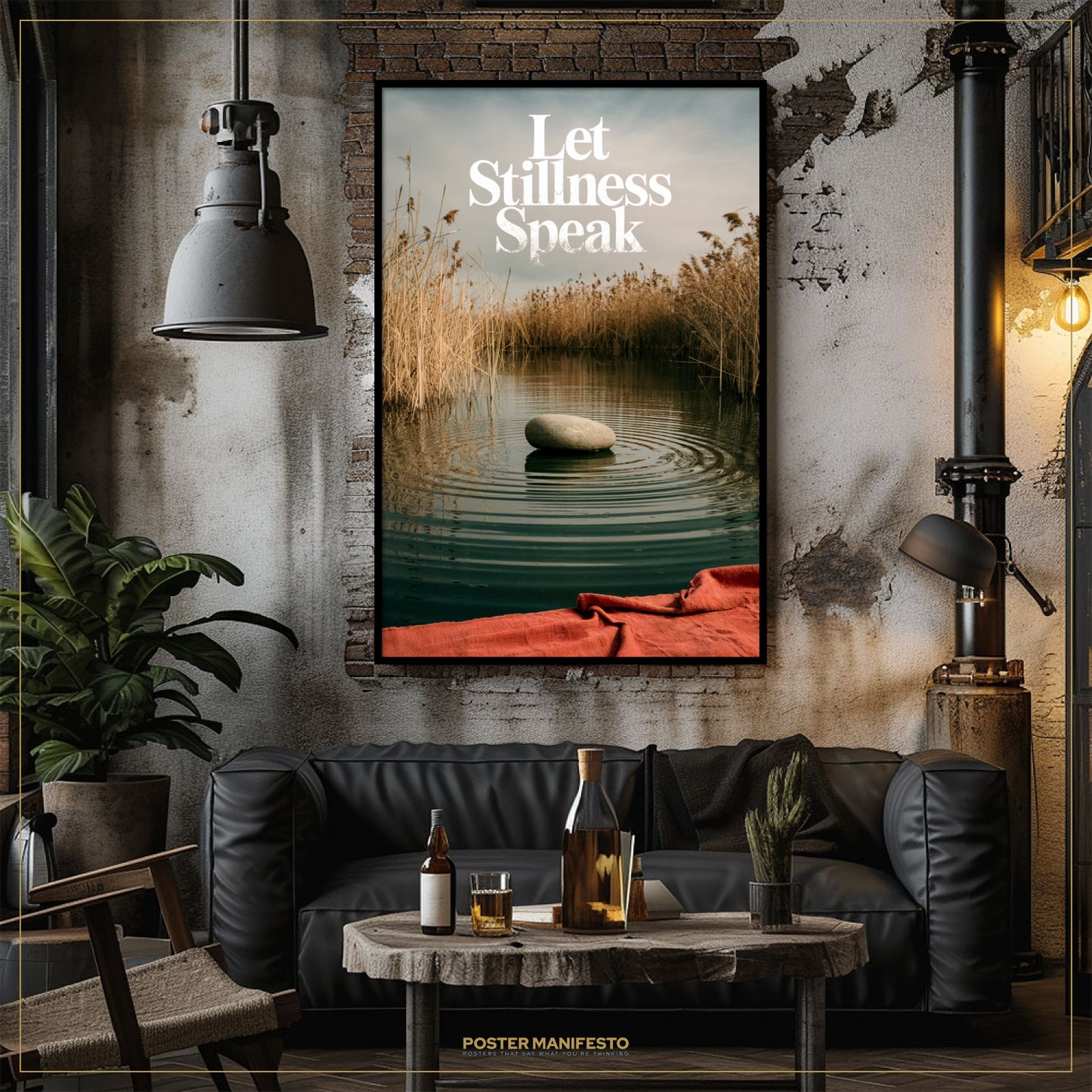 Living room with a 'Let Stillness Speak' poster on the wall, a black sofa, and a small table with drinks.