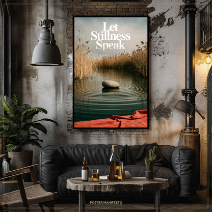 Living room with a 'Let Stillness Speak' poster on the wall, a black sofa, and a small table with drinks.