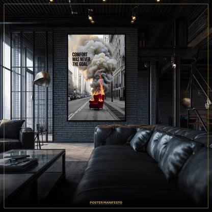 Modern living room with a black leather sofa and a large framed poster on the wall.