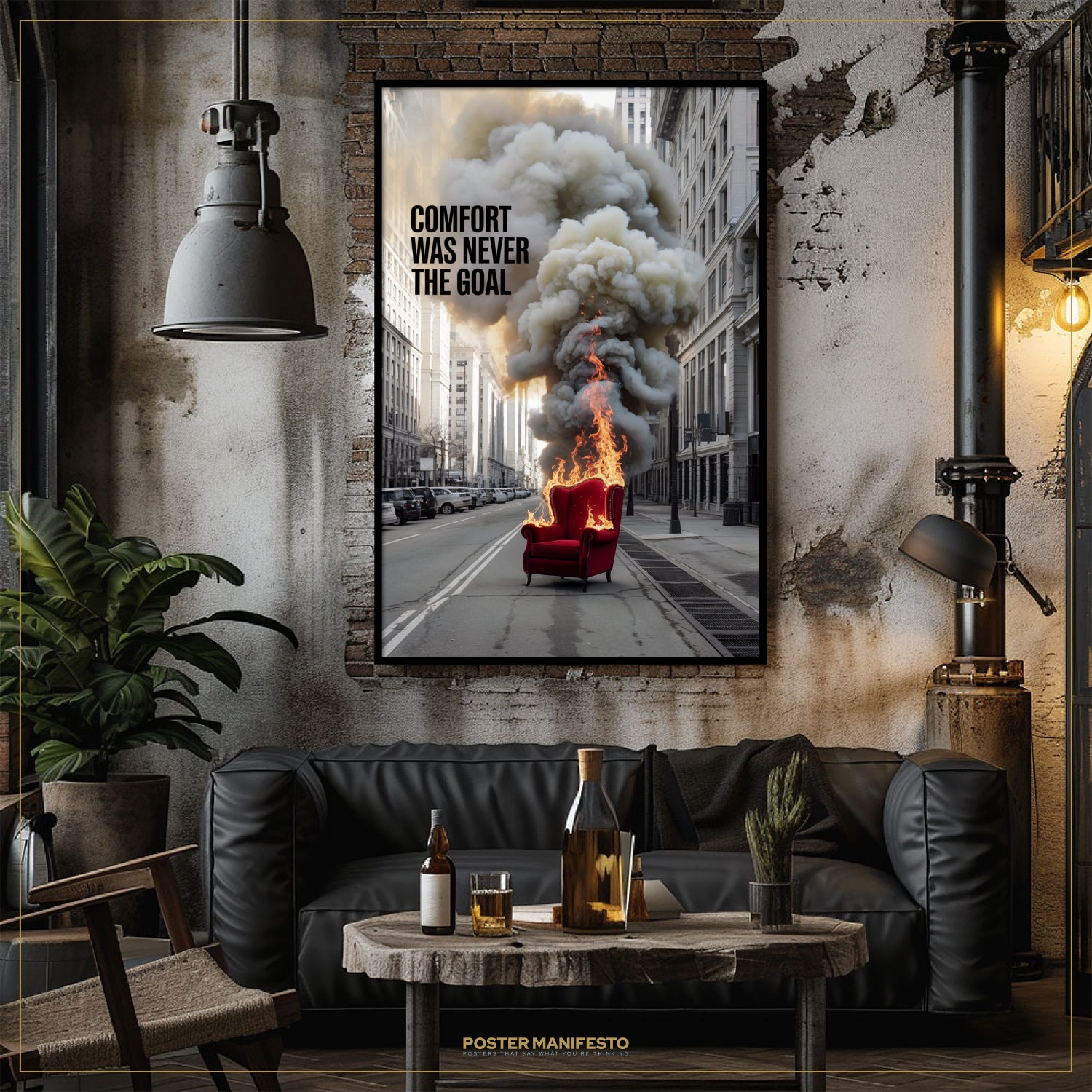 Modern living room with a black leather sofa, wooden coffee table, and a large framed poster on the wall.