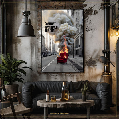 Modern living room with a black leather sofa, wooden coffee table, and a large framed poster on the wall.