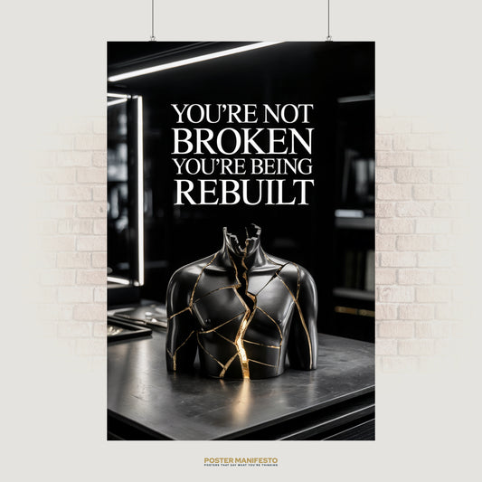 Motivational poster with the quote “You’re Not Broken You’re Being Rebuilt” and a black torso sculpture with golden cracks.