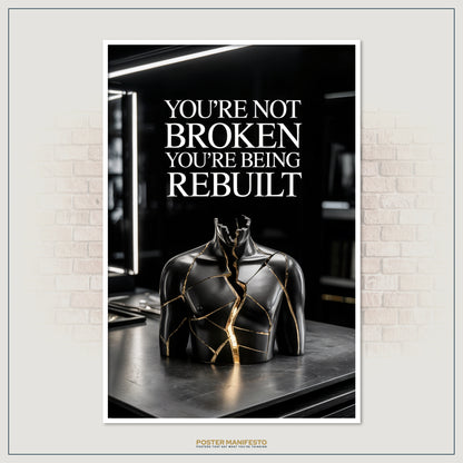 Elegant wall print with glowing cracks on a sculpture paired with a powerful quote.