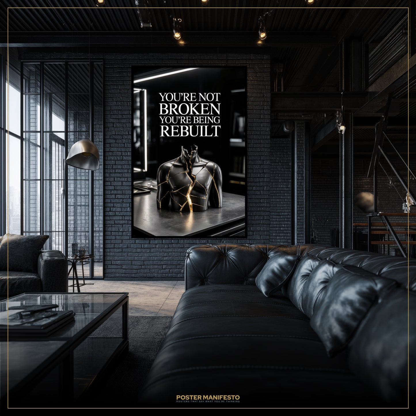 Modern interior with a motivational poster on a brick wall, featuring a black leather couch and glass coffee table.