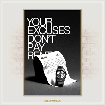 Entrepreneur motivational poster with no excuses quote in modern design.