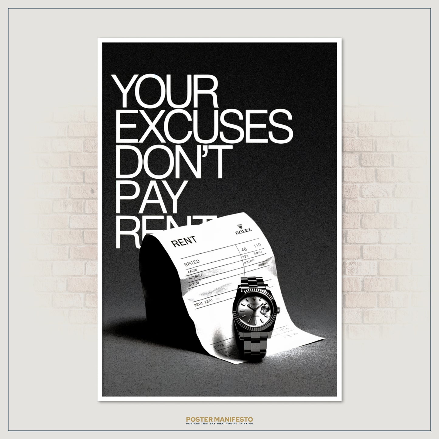 Black and white luxury-themed motivational wall print with bold typography.