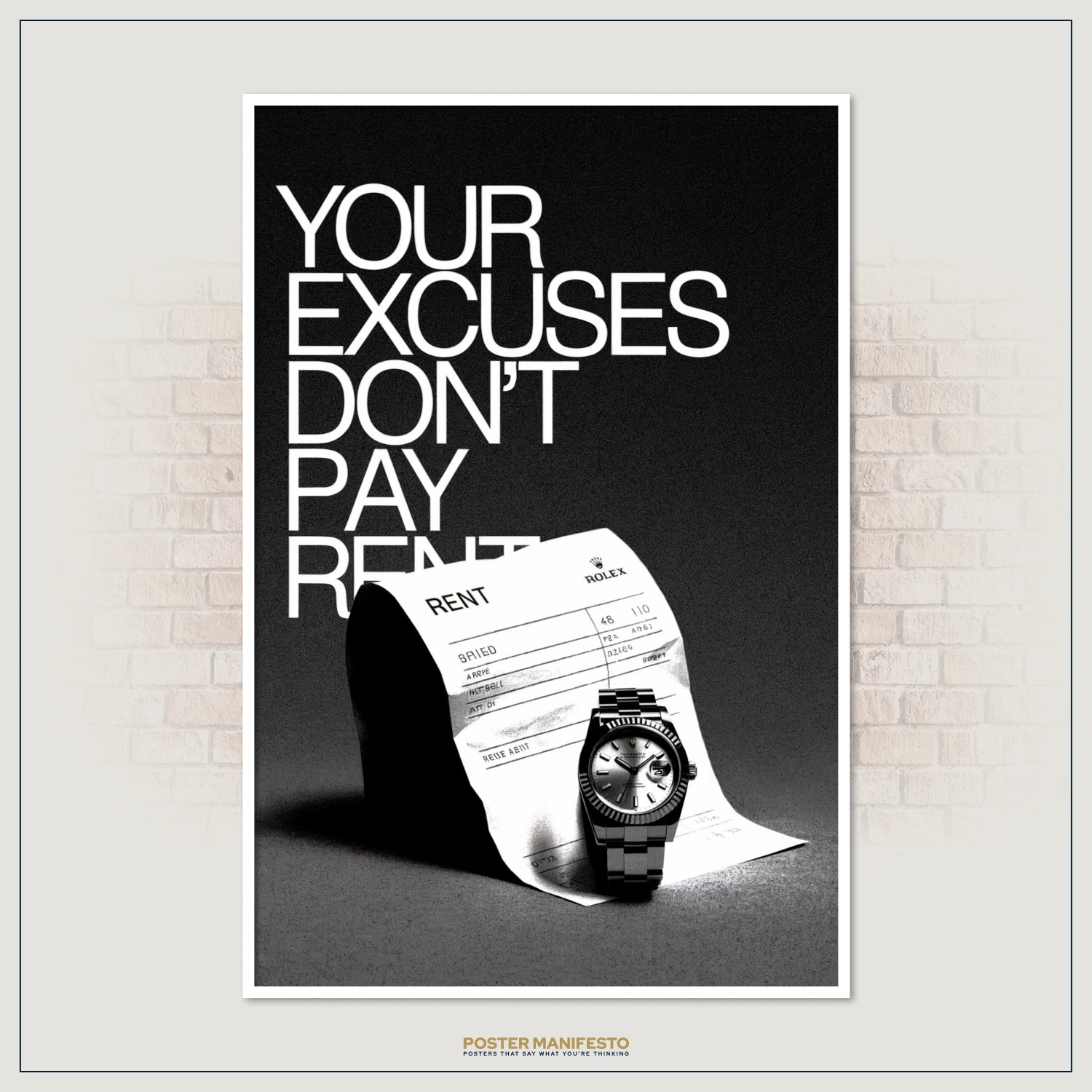Black and white luxury-themed motivational wall print with bold typography.
