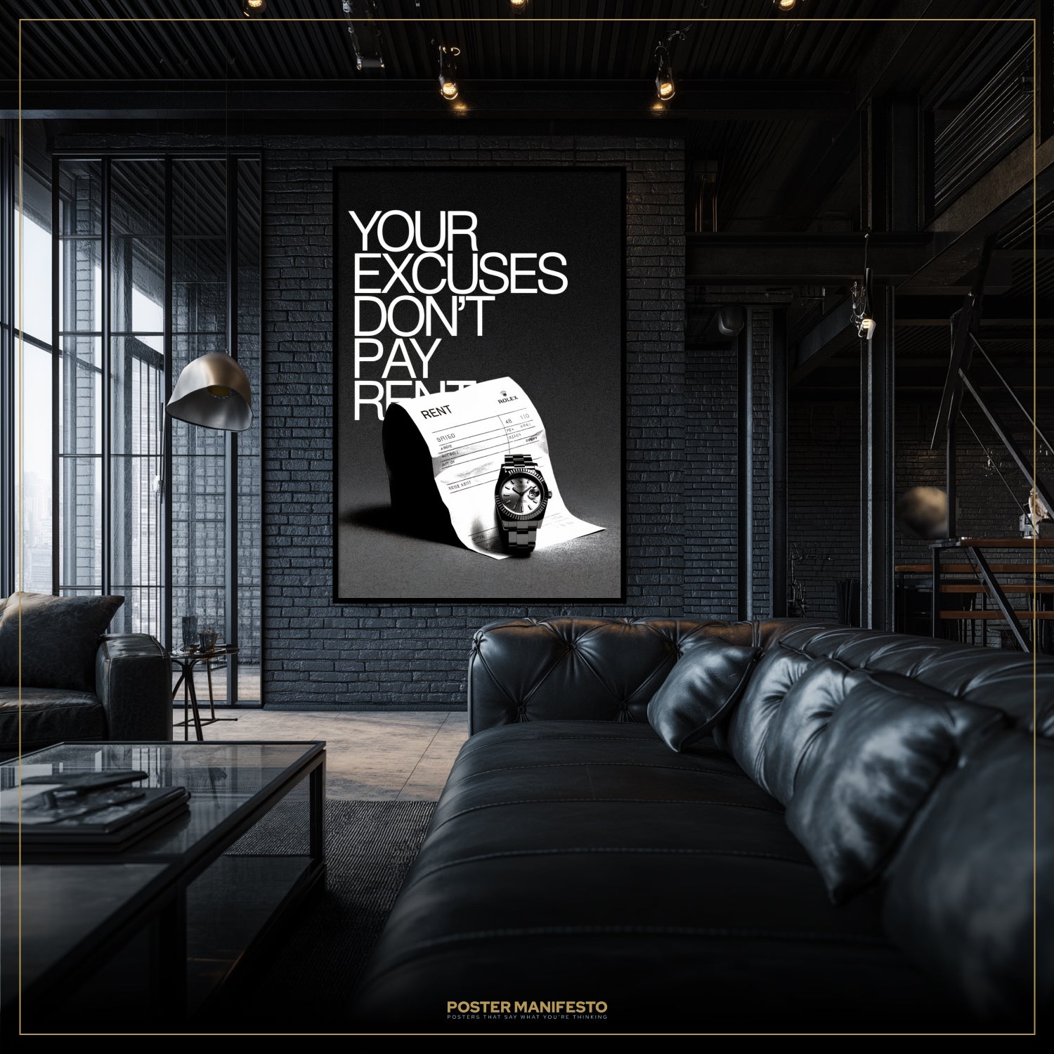 Modern interior with a motivational poster on a brick wall
