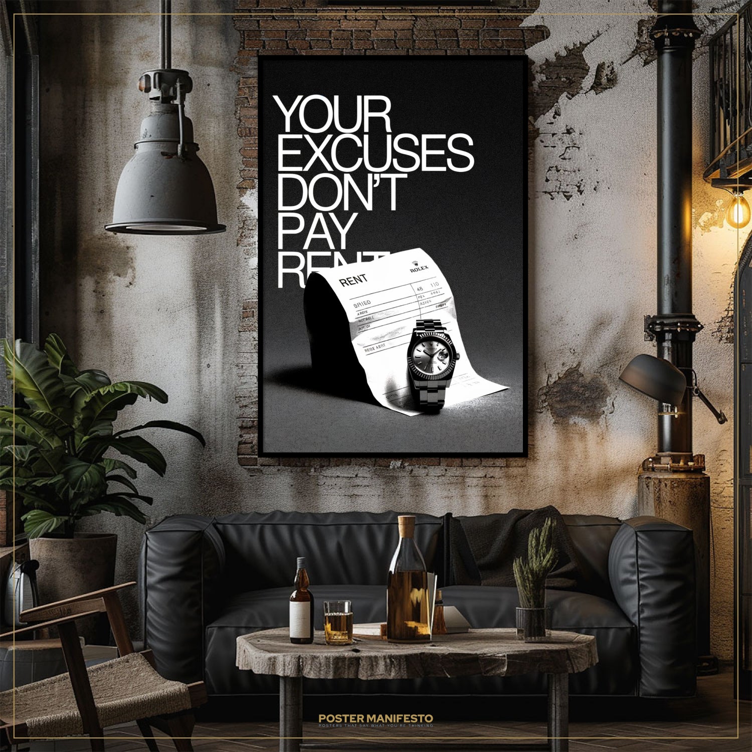 Living room with a motivational poster on the wall, a couch, and a coffee table.