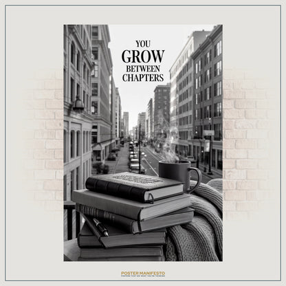 Black-and-white inspirational wall art featuring books, coffee, and cozy blanket in an urban scene.