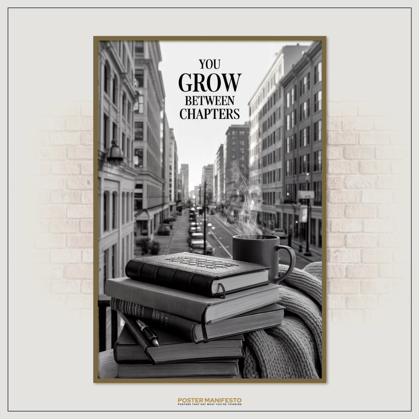 Cozy reading-themed artwork with city background and inspirational text.