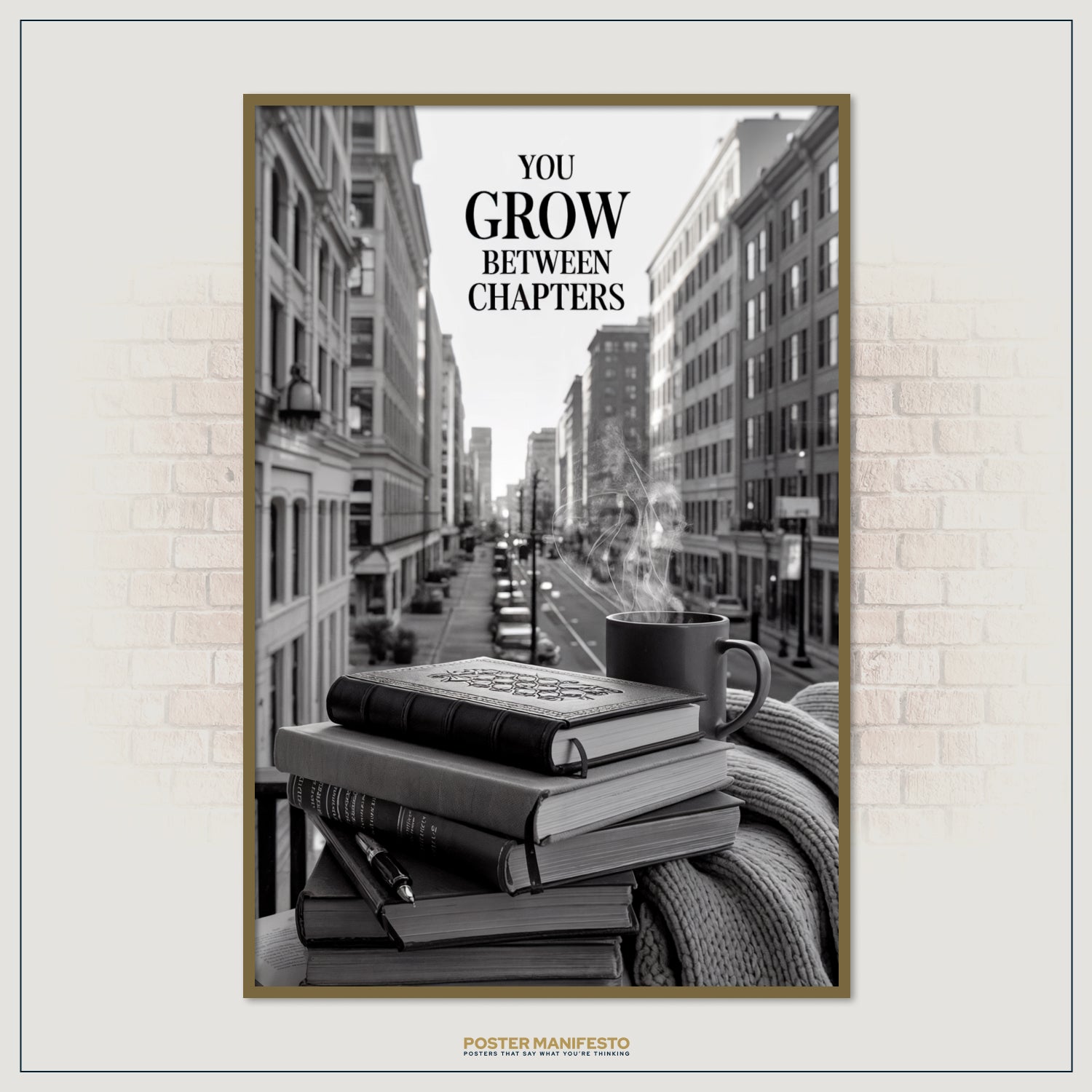 Cozy reading-themed artwork with city background and inspirational text.