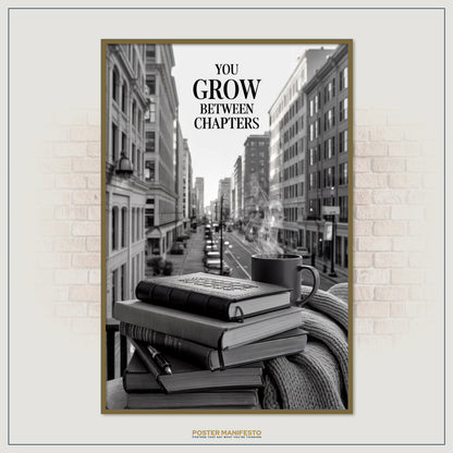 Cozy reading-themed artwork with city background and inspirational text.