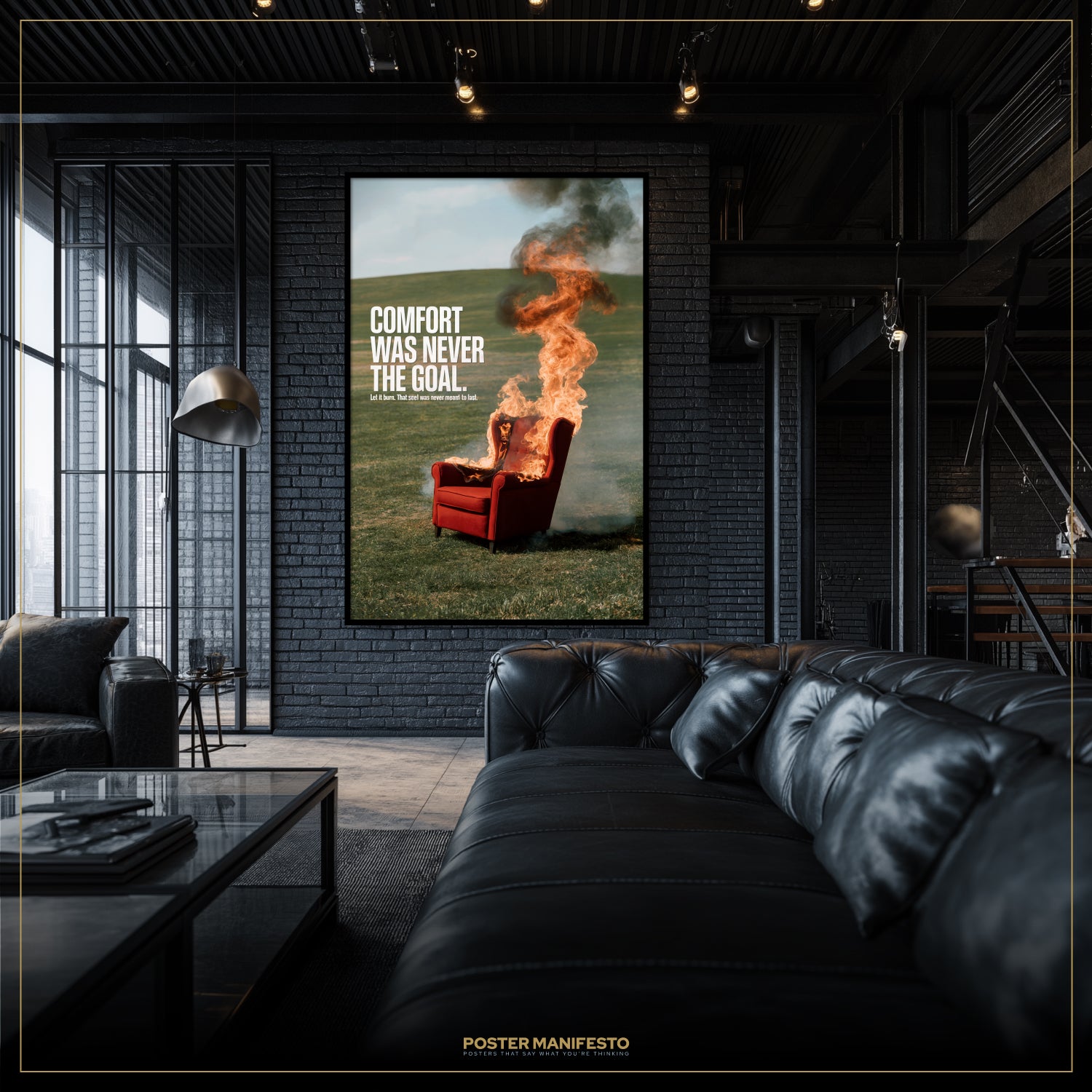 Modern living room with a framed poster on the wall.