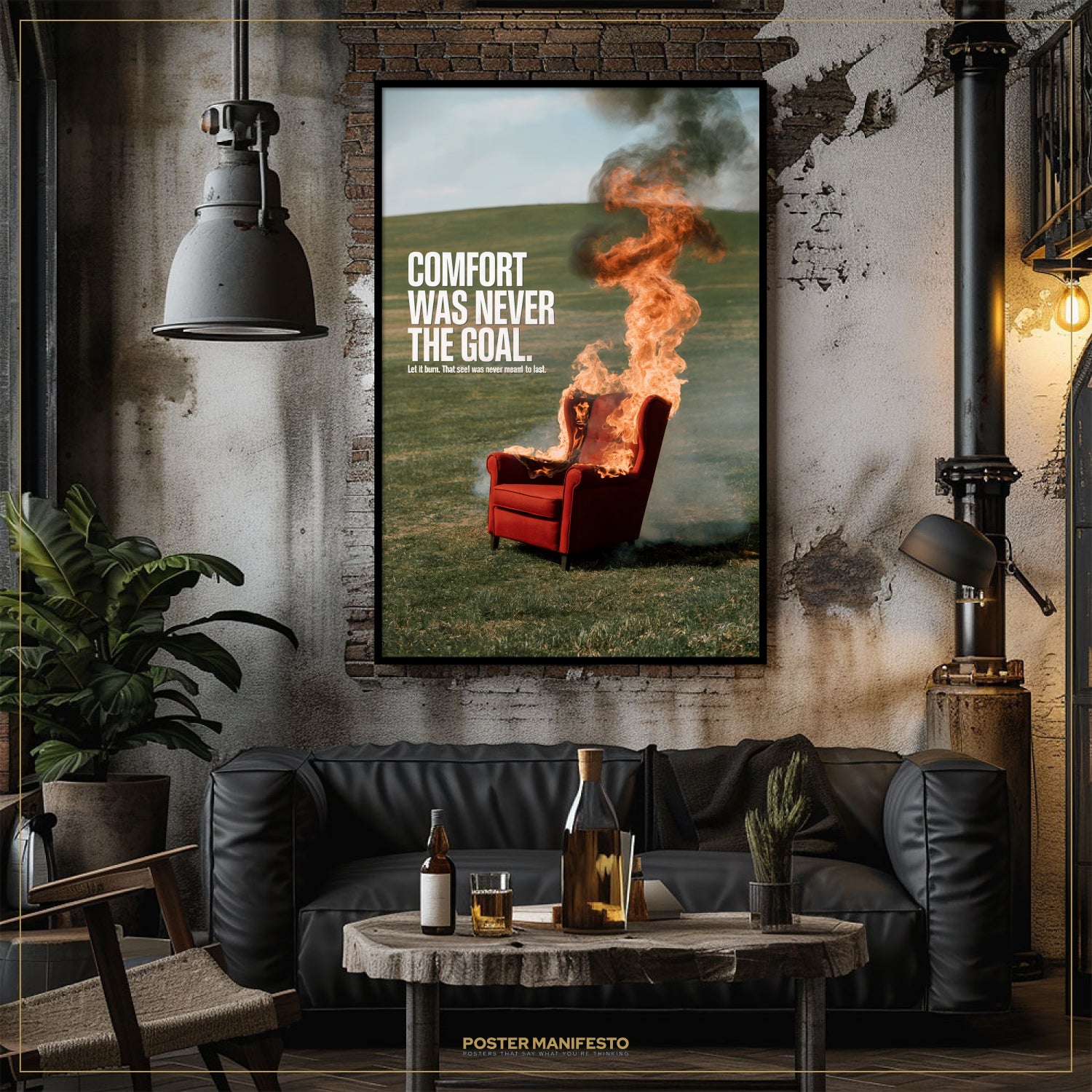 Living room with a black leather sofa, wooden coffee table, and a framed poster on the wall.