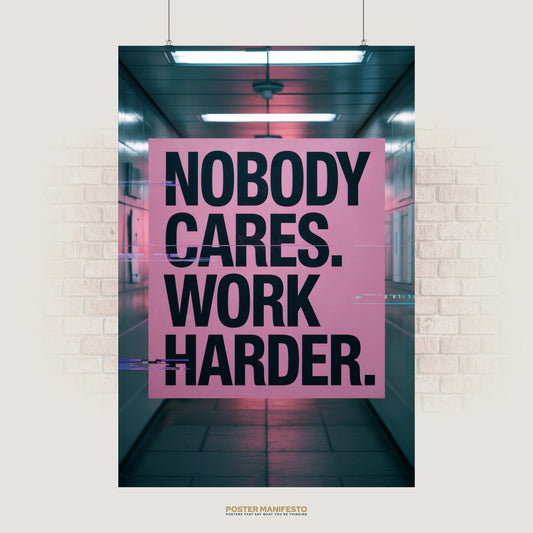 Bold poster with large black typography on a pink background reading “Nobody Cares. Work Harder.” set in a neon-lit hallway.