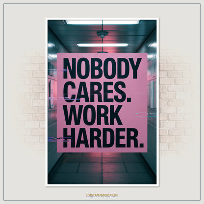 Neon corridor artwork with a centered pink panel carrying bold black motivational lettering.