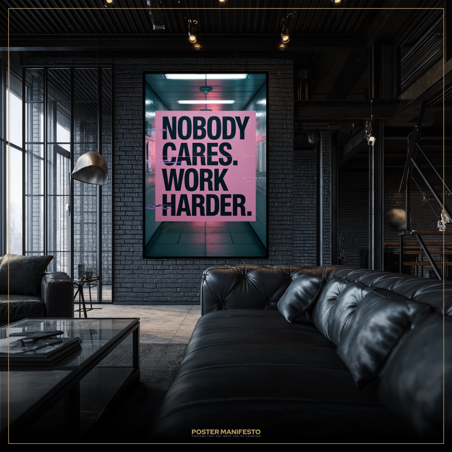 Modern living room with a motivational poster on the wall.
