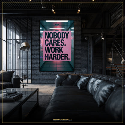 Modern living room with a motivational poster on the wall.