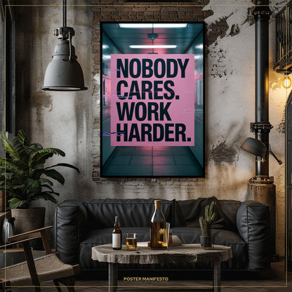 Modern living room with a motivational poster on the wall, a black sofa, and a small table with drinks.