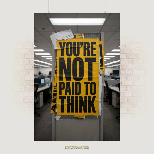 Bold yellow poster with large black typography reading “You’re Not Paid To Think” hanging in a modern office cubicle.