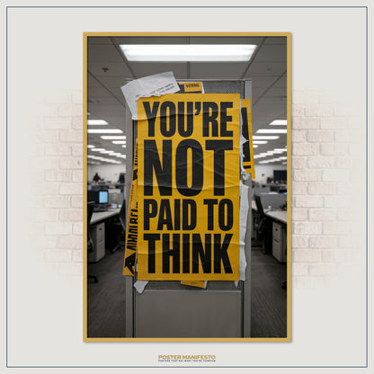 Ironic workplace poster featuring the phrase “You’re Not Paid To Think” in bold block font inside a corporate office.