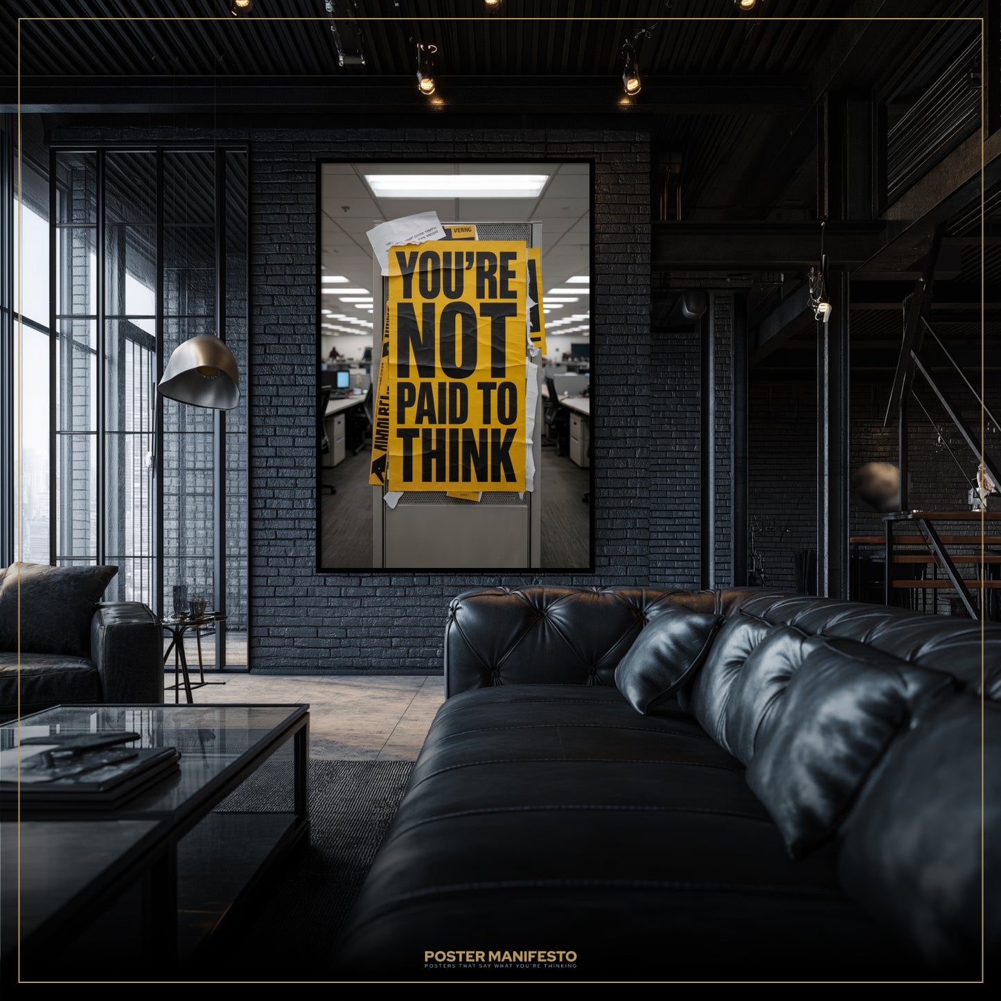 Modern interior with a black leather sofa and a framed poster on the wall.