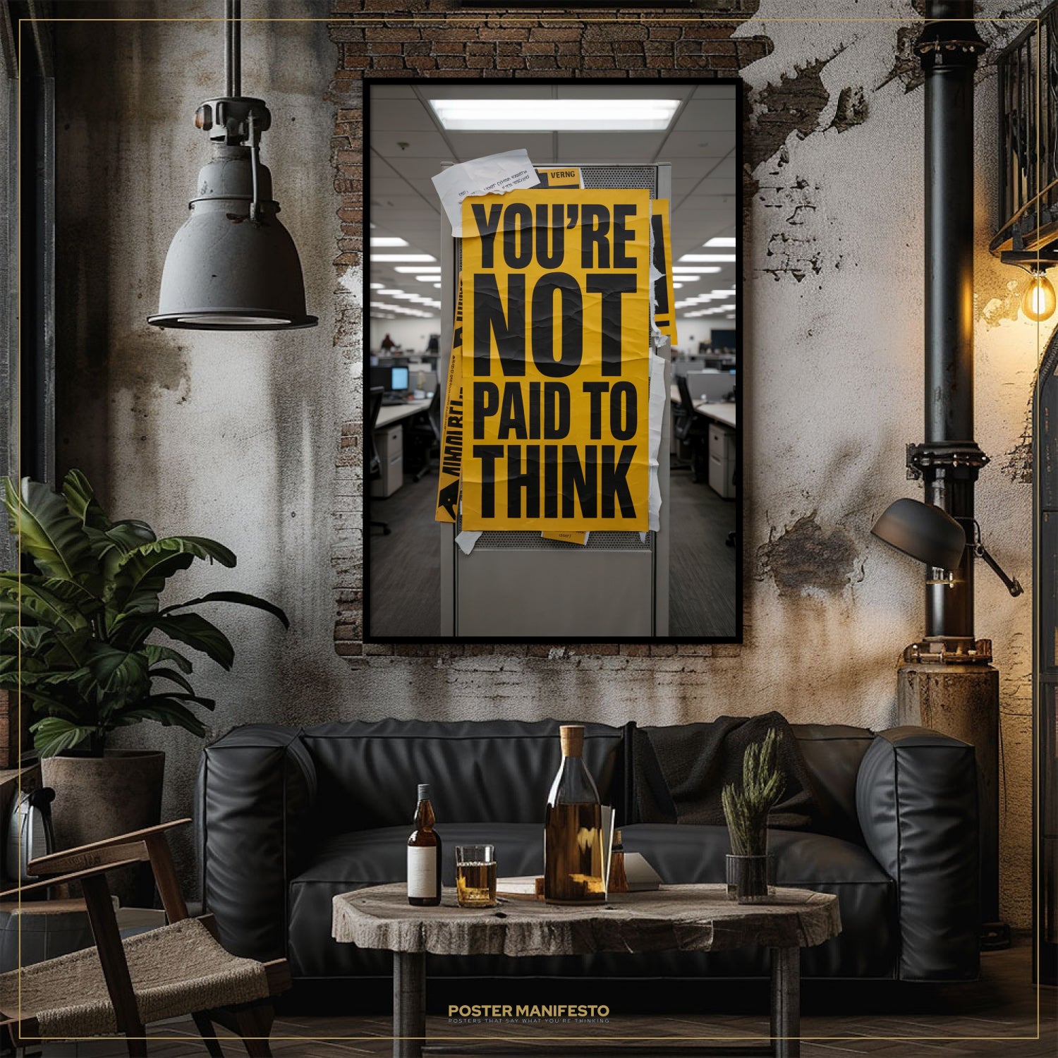 Modern living room with a black leather sofa, wooden coffee table, and framed poster on the wall.