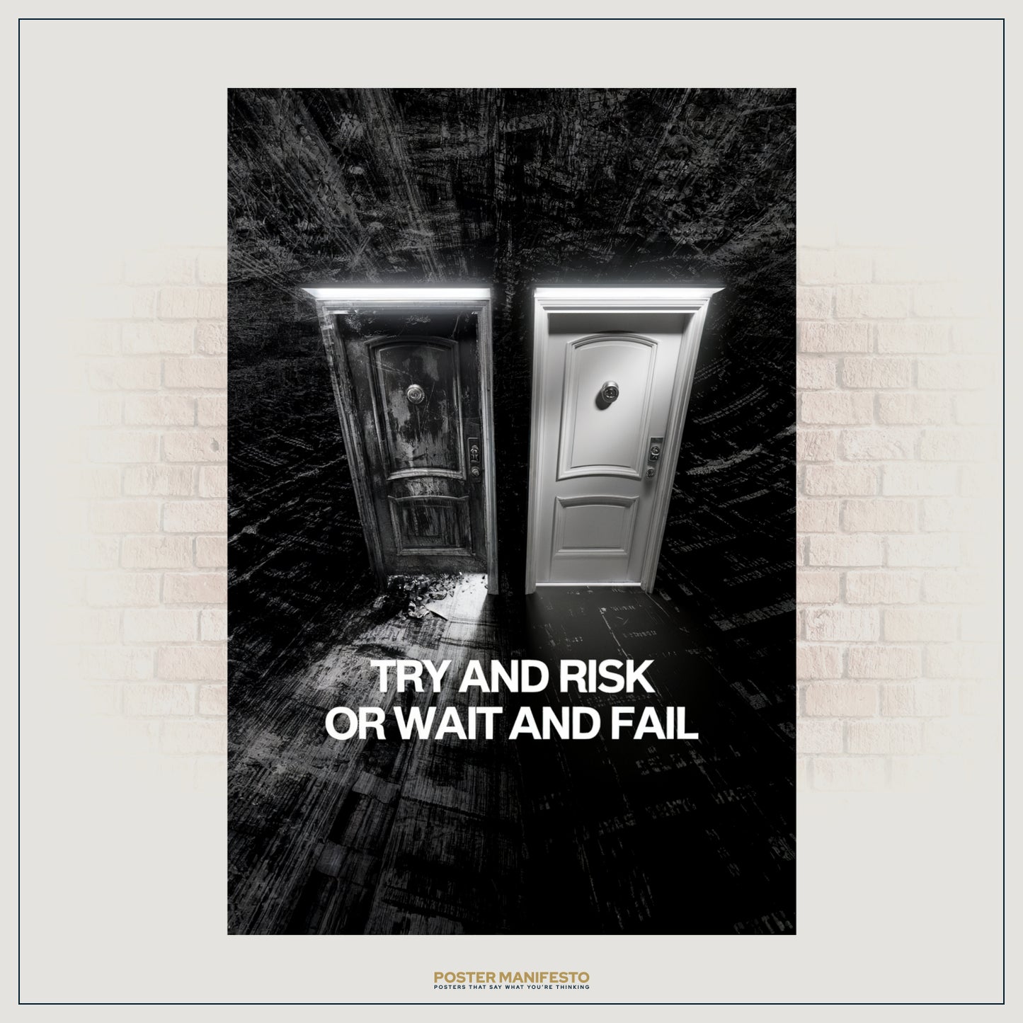 Black-and-white conceptual artwork of contrasting doors symbolizing choices, paired with motivational typography.