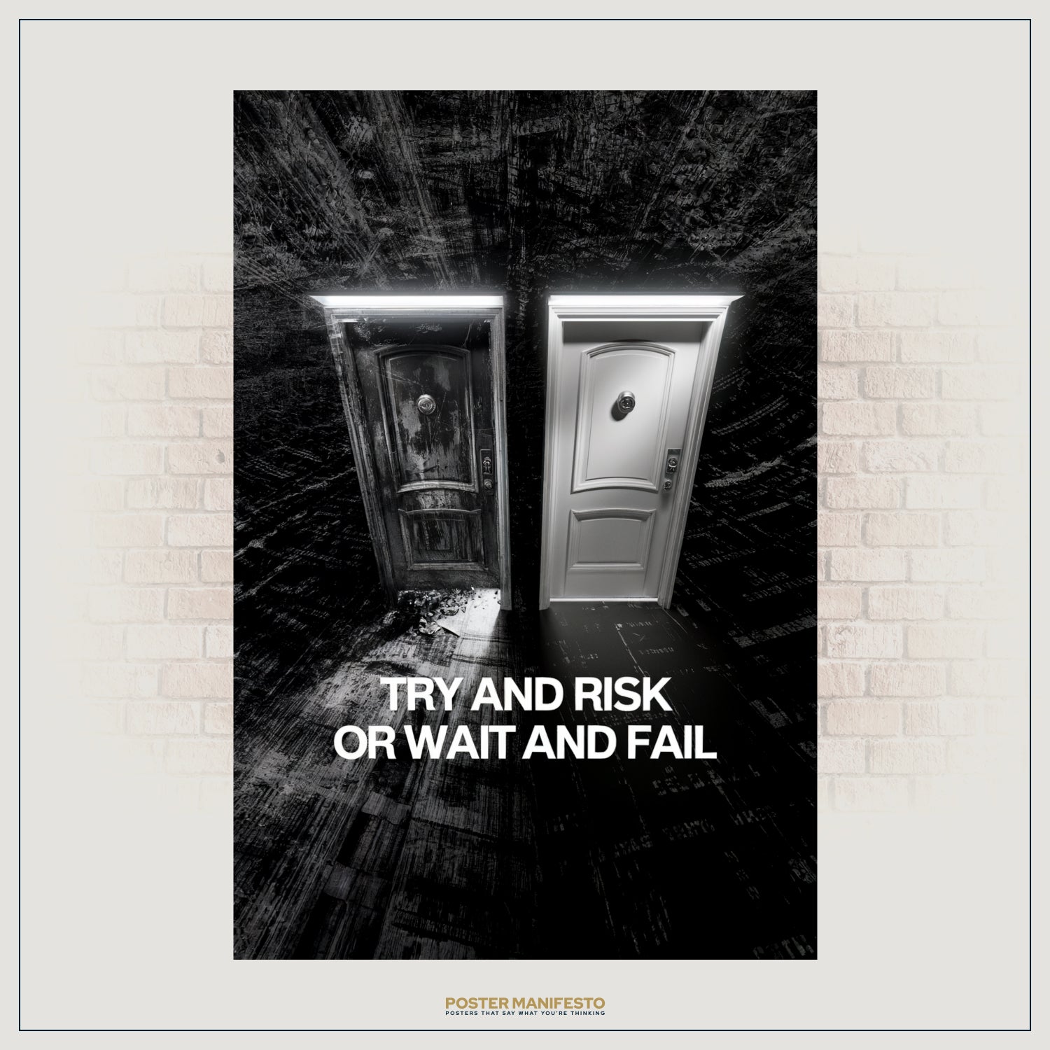 Black-and-white conceptual artwork of contrasting doors symbolizing choices, paired with motivational typography.