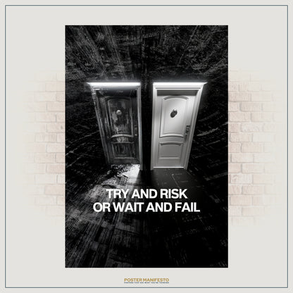 Black-and-white conceptual artwork of contrasting doors symbolizing choices, paired with motivational typography.