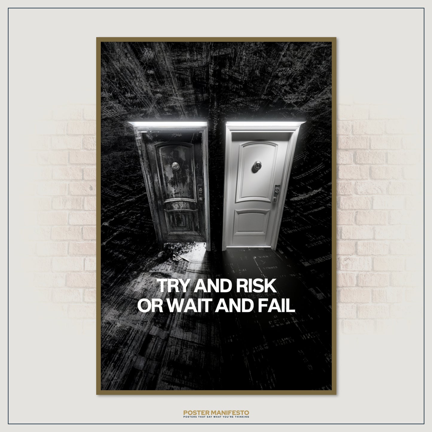 Powerful conceptual print showing two symbolic doors side by side, emphasizing the importance of action over hesitation.