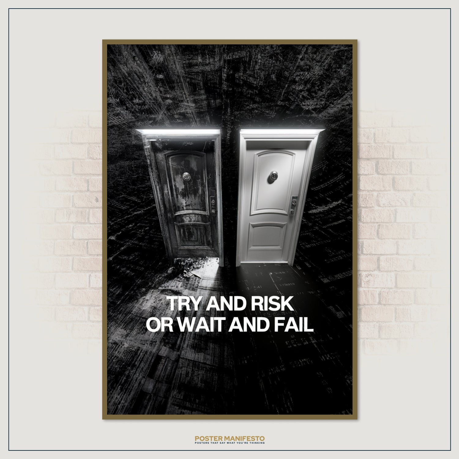 Powerful conceptual print showing two symbolic doors side by side, emphasizing the importance of action over hesitation.