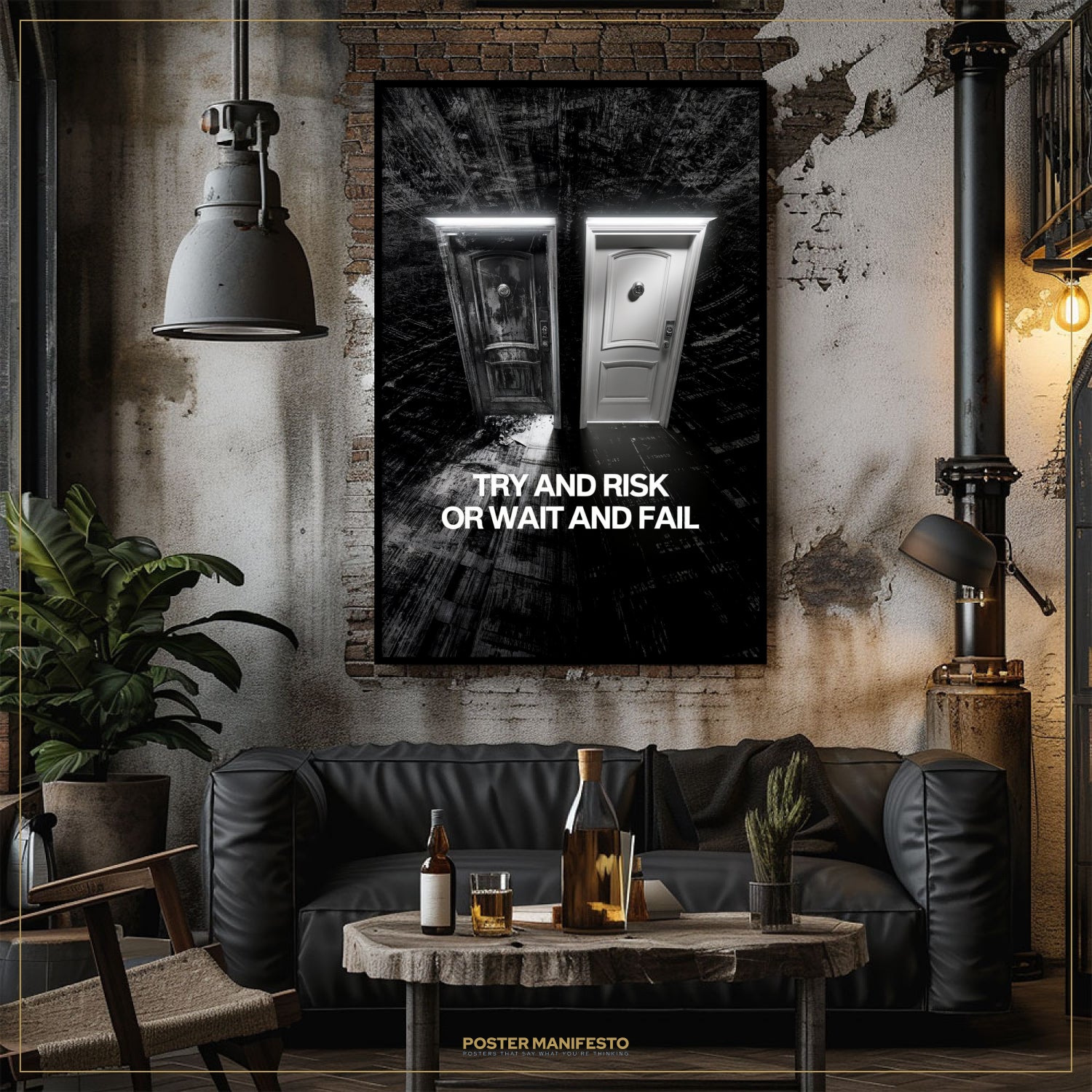Modern living room with a dark sofa, coffee table, and wall art with motivational quote.