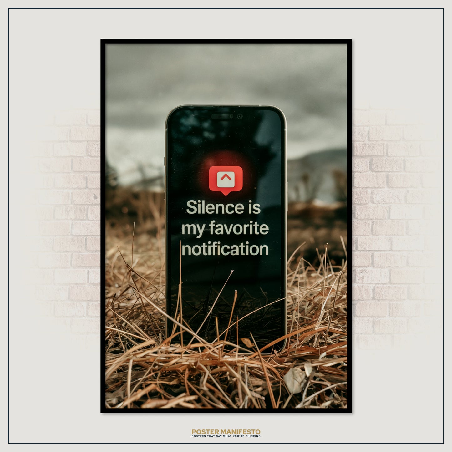 Striking artwork of a phone in a grassy field, screen lit with a bold mindfulness quote about valuing quiet over digital noise.