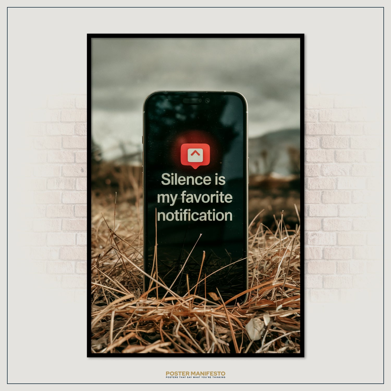 Striking artwork of a phone in a grassy field, screen lit with a bold mindfulness quote about valuing quiet over digital noise.
